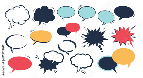Variety of colorful speech and thought bubbles in different shapes for comic books, communication, and dialogue design.