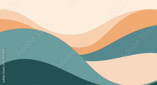 Abstract background design featuring flowing wavy shapes in muted tones of blue, orange, and beige for modern visuals.