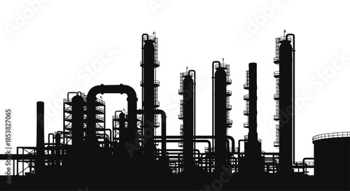Silhouette of a large industrial refinery and petrochemical plant with towers and pipes against a white background.