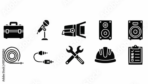 Collection of Industrial and Technical Icons Representing Tools and Equipment.