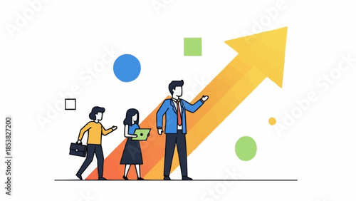Team of business professionals walking up a rising arrow graph representing growth and success.