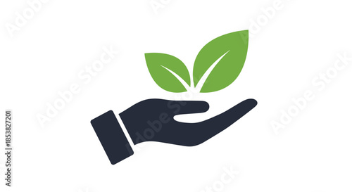 Stylized icon of a human hand holding a pair of green leaves representing environmental conservation, growth, and ecology.