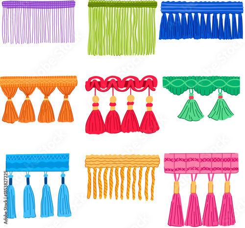 Collection of various decorative fabric trims, featuring colorful fringes and tassels in different styles and textures, used for textile adornment and home decoration