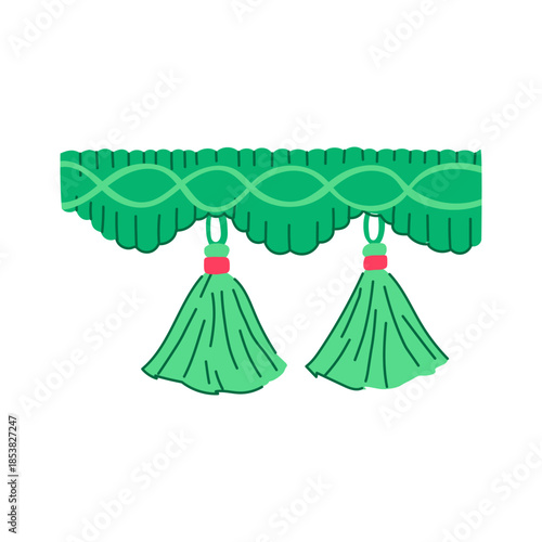 Green textile trim featuring a patterned top border, scalloped edge, and two ornate tassels, providing an elegant design element for home decor or fashion accessories