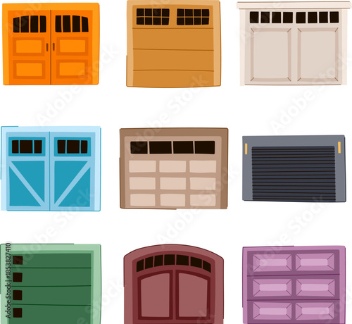 Variety of residential garage doors featuring different styles, colors, materials, and constructions, portraying housing architecture and home improvement options on a white background