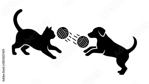 Playful Pets in Pursuit: A Black Silhouette Illustration of Cat and Dog Playing with Yarn Balls