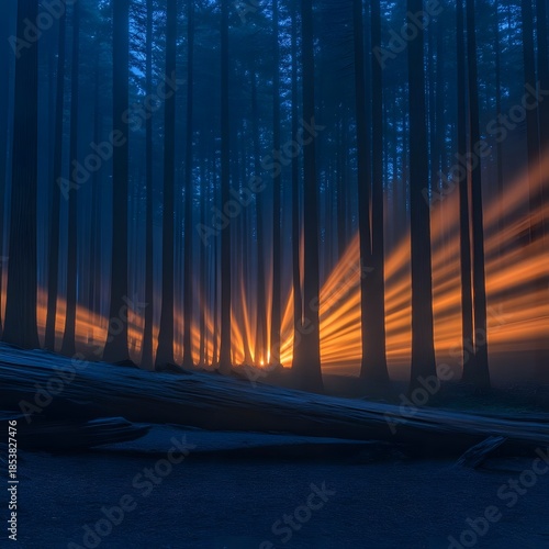 Sunset Rays Shining Through Forest Trees.