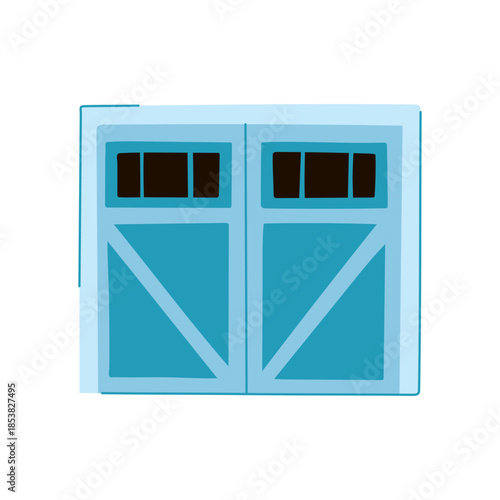 Building element depicting a light blue garage door with upper windows and diagonal planks, illustrating a home entrance or storage access for concepts like housing, property, and architecture