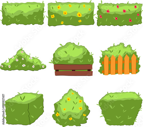 Set of cartoon green garden bushes and hedges in different shapes, some with flowers, a wooden planter box, and a picket fence, representing diverse landscaping elements