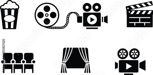 Cinema and movie production icon set illustration with camera, film reel, popcorn and clapperboard, modern entertainment symbols, black vector design