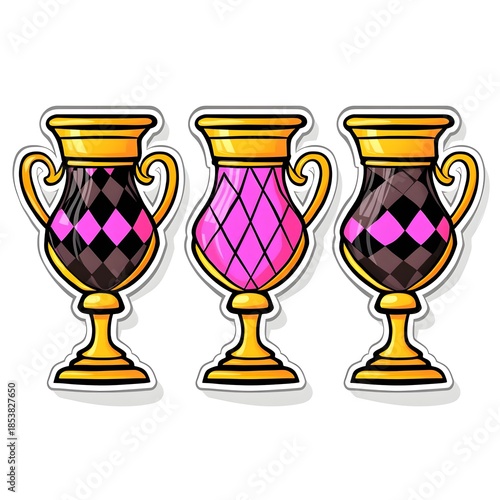 Three Cartoon Trophies with Diamond Patterns.