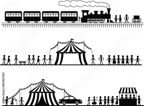 Circus and carnival silhouette illustration with steam train, people crowd, tents and fairground scenes, black and white vector