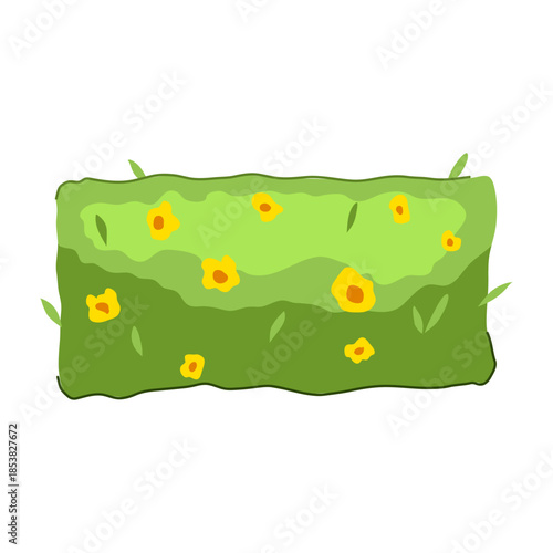 Green outdoor garden hedge standing as a natural barrier or decorative element, featuring small yellow flowers and fresh green leaves, presenting a simple top down style illustration