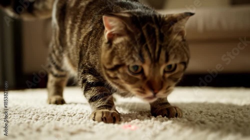 Wallpaper Mural Close-up of a Tabby Cat stalking on a fluffy carpet indoors. Torontodigital.ca