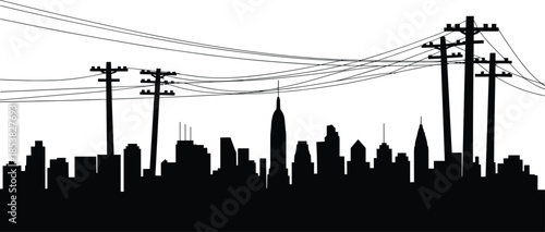 City skyline silhouette with electric power poles and overhead lines, urban energy infrastructure concept, black and white vector illustration
