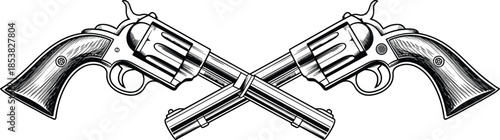 Crossed revolvers illustration in vintage engraving style, western weapon concept, detailed black and white line art drawing