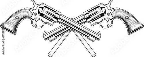 Crossed revolvers illustration with batons, vintage engraving style, western weapon emblem, detailed black and white line art drawing vector design