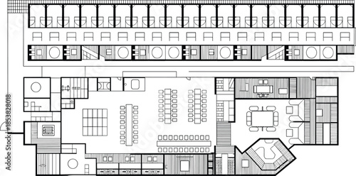 Detailed office floor plan blueprint with conference areas workstations seating layout vector line drawing for architectural interior design use