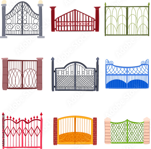 Variety of decorative iron and metal gates featuring different styles, shapes, and colors, representing security, entrance, and architectural elements for property boundaries