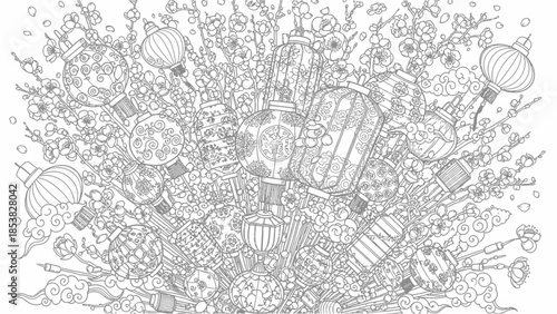 Intricate line art illustration depicting a vibrant scene of chinese lanterns and plum blossom