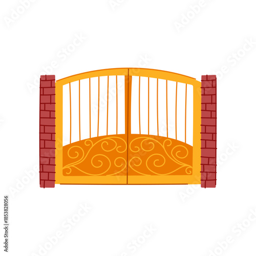 Golden metal gate featuring decorative scrollwork and vertical bars, flanked by sturdy brick pillars, symbolizing security, elegance, and exclusivity at an entrance