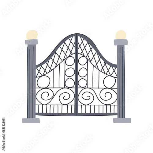 Ornamental wrought iron gate with decorative scrollwork and a grid pattern, flanked by two sturdy pillars each featuring a spherical light on top, representing security and entrance