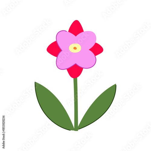 Simple pink and red flower illustration with a yellow center, green stem and two leaves on a white background minimalist, geometric floral icon for spring and nature design