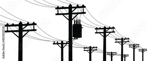 Electric utility pole silhouette landscape, power distribution lines with transformer, black and white energy infrastructure illustration, isolated industrial scene