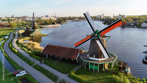 Zaanse Schans Zaandam Netherlands, Aerial View of Fabulous landscape with windmill village Zaanse Schans, Holland