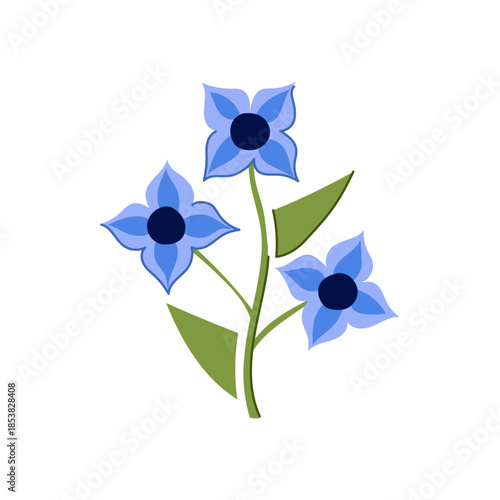 Stylized blue flowers with dark centers and green leaves creating a modern, clean, and graphically appealing floral illustration on a white background