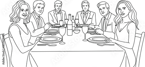 Elegant formal dinner party illustration with people seated at table, sophisticated social gathering, fine dining line art, black and white