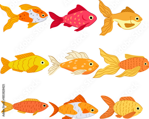 Nine colorful stylized goldfish in various body shapes and fin types, playful vector illustrations ideal for pet, aquarium, childrens designs, icons and decorative projects