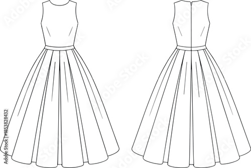 Elegant sleeveless long dress fashion technical drawing, front and back view gown outline illustration, minimalist apparel design sketch