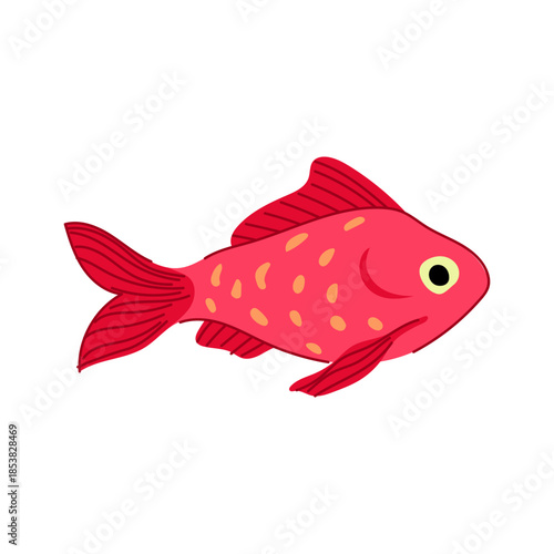 Goldfish swimming in a lateral view, presenting a simple red body with orange spots and yellow eye, created in a cute, flat cartoon illustration style on a white background