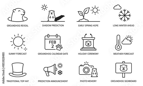 Groundhog Day line icon set with groundhog, shadow, sun, snowflake, calendar, top hat and weather prediction symbols for holiday projects