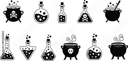 Halloween potion and poison icons set with cauldrons bottles skull symbols vector silhouette illustration for spooky design projects