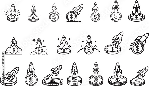 Hand drawn rocket launch and dollar coin icons set