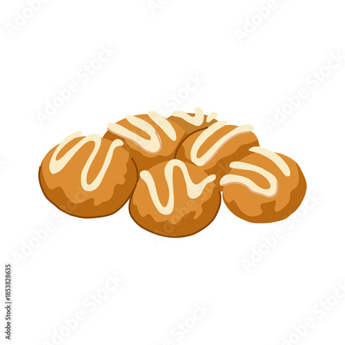 Golden brown loukoumades piled and drizzled with sweet white syrup, classic greek fried dough dessert perfect as a snack, treat or indulgent pastry for menus and packaging