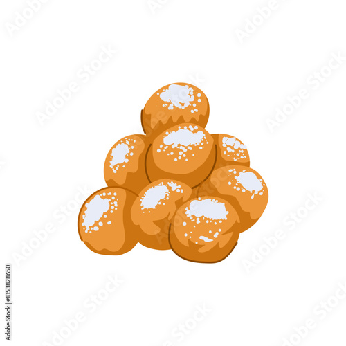Greek loukoumades illustration showing golden fried dough balls stacked and sprinkled with white powdered sugar, representing a classic sweet pastry or indulgent snack