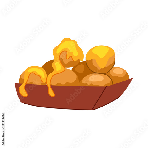 Loukoumades, traditional greek fried dough balls, serving in a container with golden honey syrup drizzling over them, presenting a classic dessert or street food snack