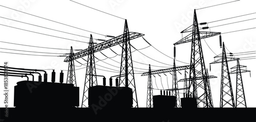 High voltage power station silhouette with transmission towers, transformers and overhead lines, industrial energy infrastructure concept, black and white vector illustration