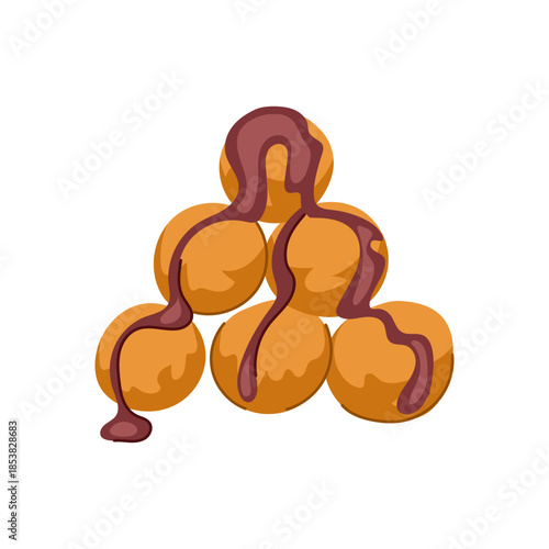 Greek loukoumades deep fried donut balls stacking in a pyramid, presenting a delicious dessert concept drizzling with sweet dark chocolate syrup on a clean white background