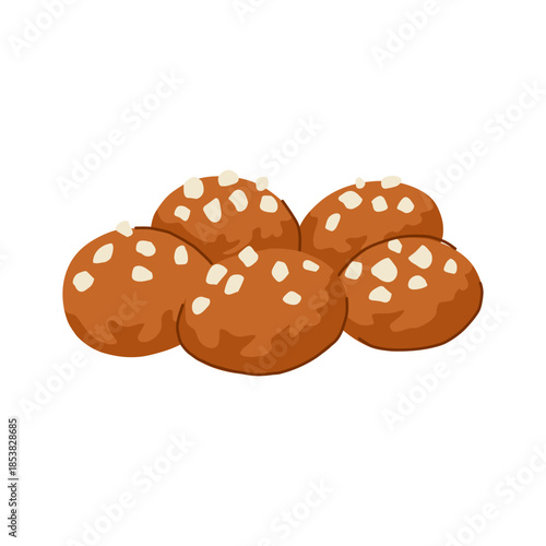 Five sweet greek loukoumades, traditional fried dough pastries, presenting a delicious mediterranean dessert topped with white sprinkles and offering a delightful treat