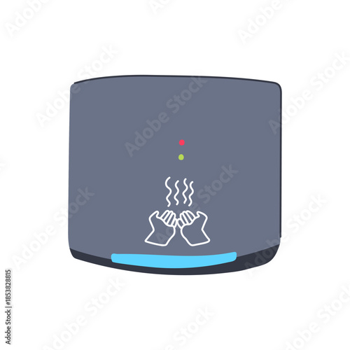 Modern automatic hand dryer illustration showing hands under warm air stream, representing cleanliness, public hygiene, and touchless restroom technology