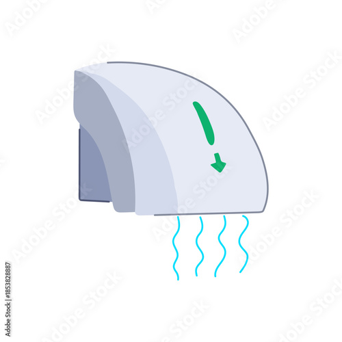 Wall mounted hand dryer icon blowing warm air, representing modern public restroom hygiene, environmental efficiency, and hands free cleanliness for personal care facilities