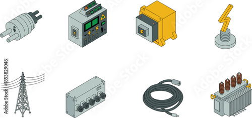Isometric electrical equipment icons set industrial power components vector illustration transformer cable switch control panel energy system