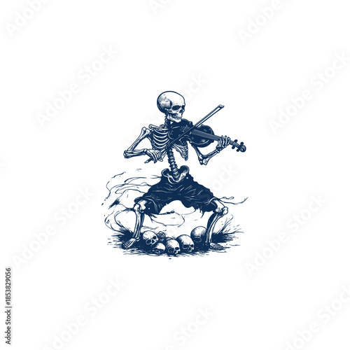 Vintage hand-drawn illustration of a skeleton in pants playing a violin over a pile of human skulls, captured in a dynamic and dark engraving style.