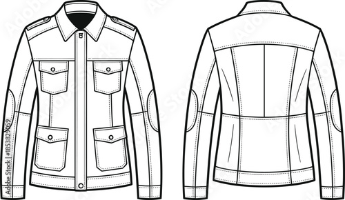 Military style field jacket fashion technical illustration front back view vector outline utility coat sewing pattern apparel design