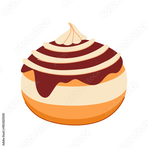 Sweet fried sufganiyah doughnut is a traditional hanukkah treat, featuring a delicious topping of chocolate frosting, cream stripes, and a dollop of whipped cream, celebrating the festival of lights