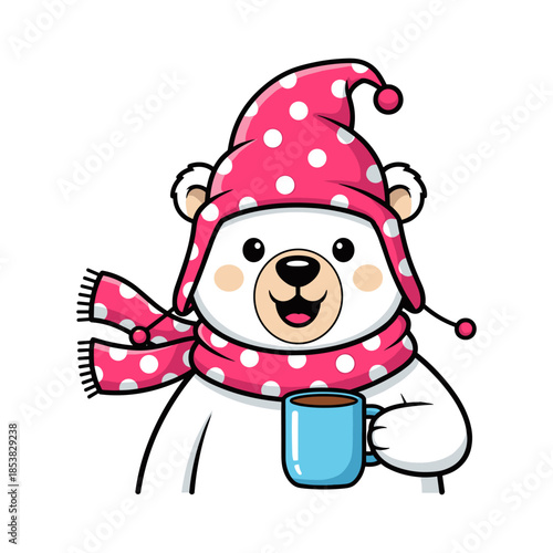 Cozy polar bear with hot drink Vector